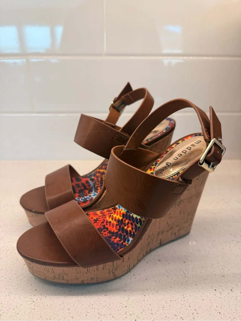 Madden Girl Element Brown Cork-Style Platform Wedge Sandals Size 7